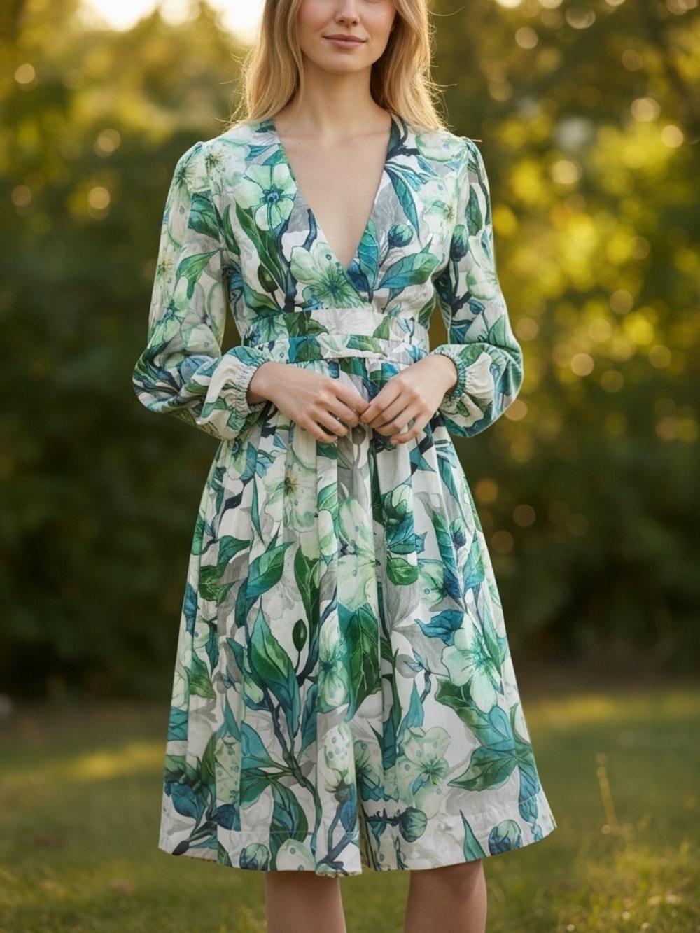 Botanical Green Floral V Neck Fit and Flare Dress